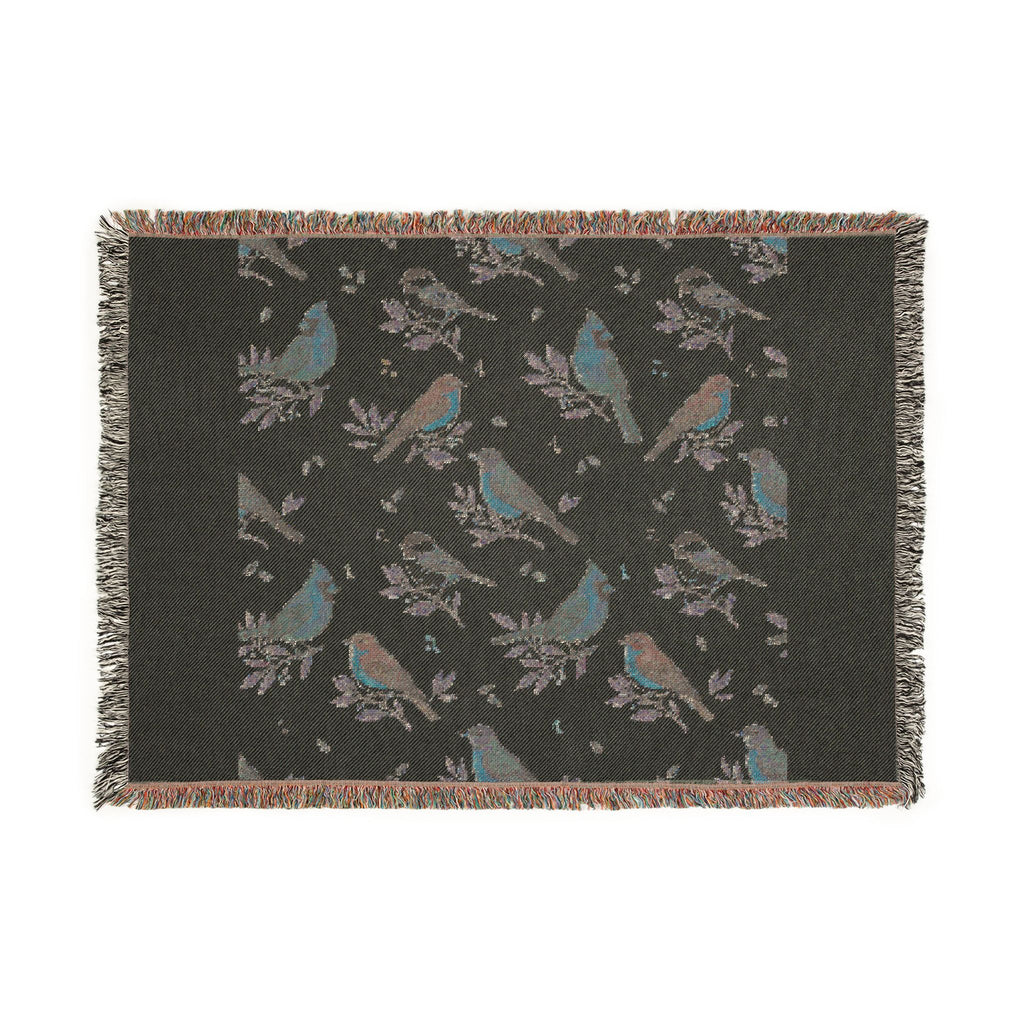 Woven throw blanket with vintage songbird pattern of chickadees, cardinals, bluebirds and robins