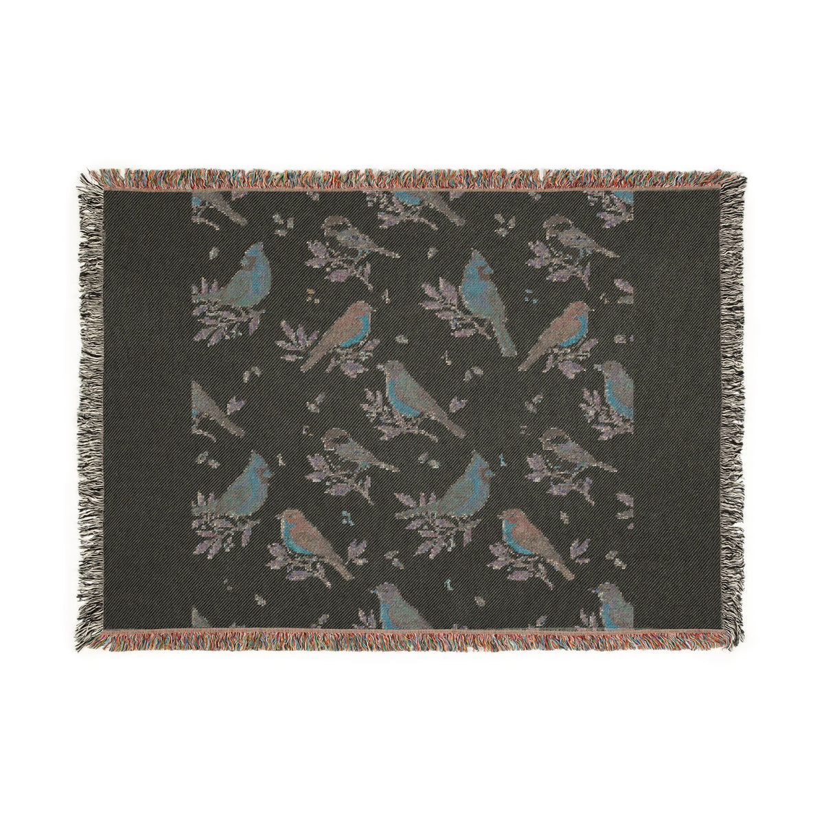 Woven throw blanket with vintage songbird pattern of chickadees, cardinals, bluebirds and robins