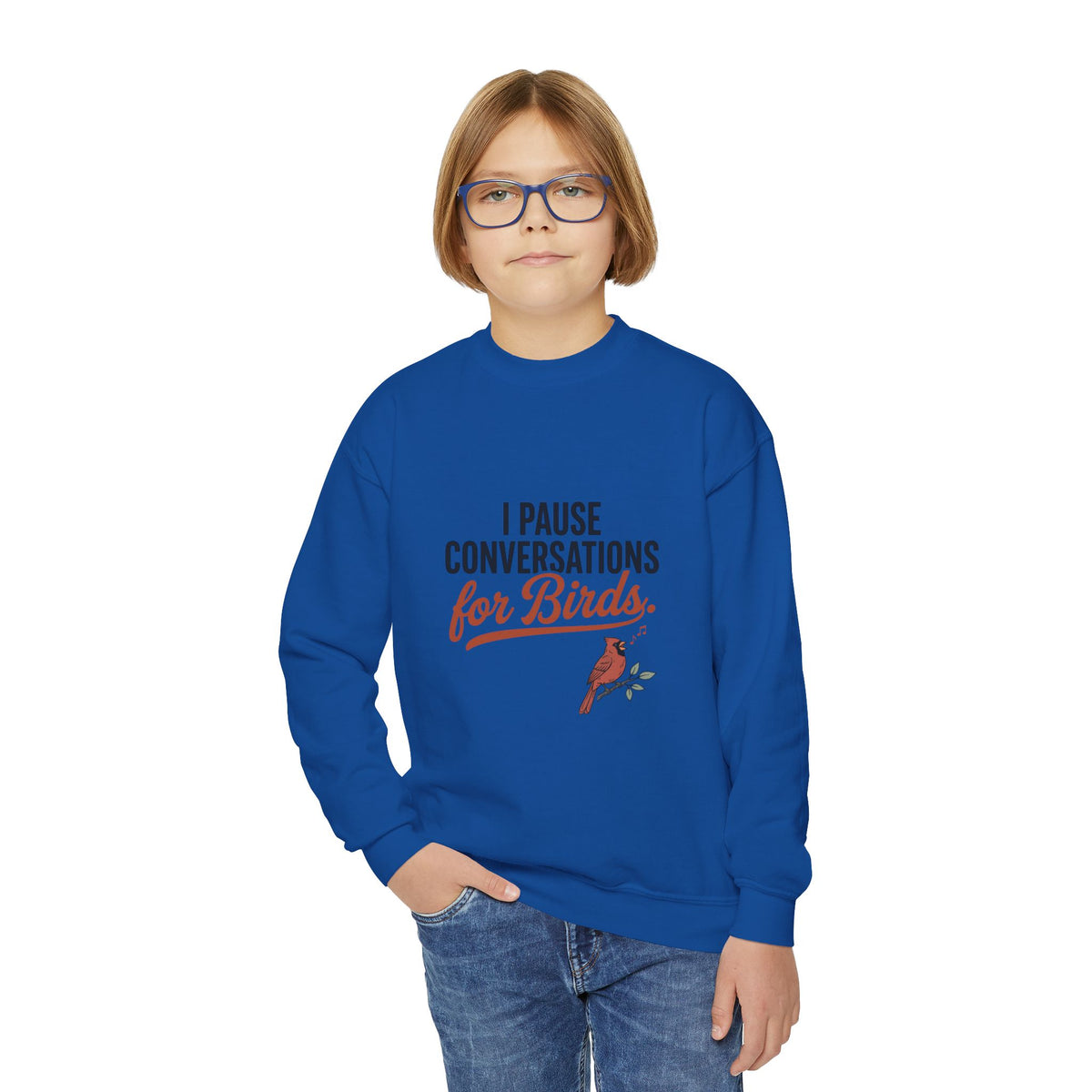 Youth Sweatshirt — "I Pause Conversations for Birds" Cute Cardinal Crewneck