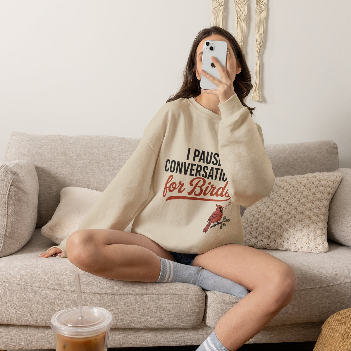 Crewneck sweatshirt with 'I Pause Conversations for Birds' singing cardinal design