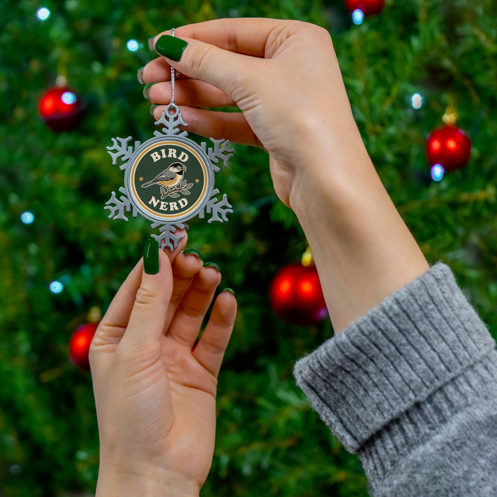 Pewter snowflake Christmas ornament with 'Bird Nerd' chickadee design