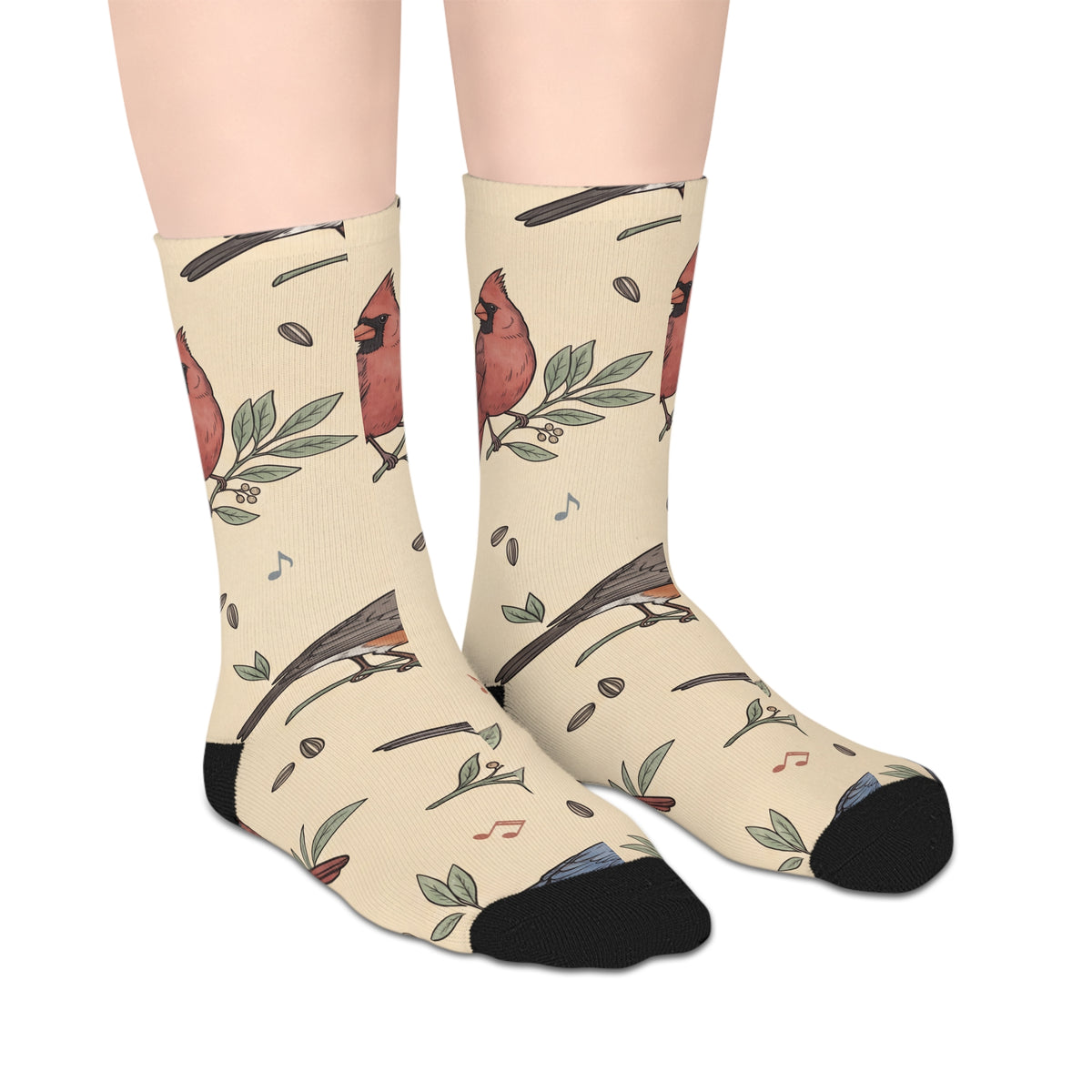 Crew socks with vintage songbird pattern of chickadees, cardinals, bluebirds and robins