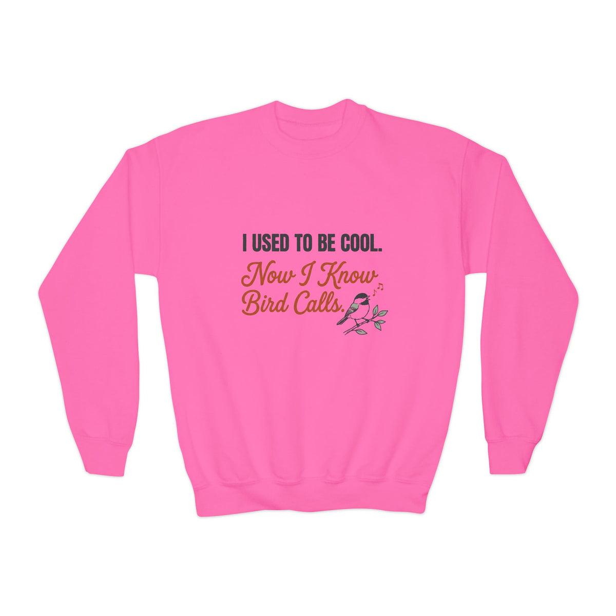 Kids crewneck sweatshirt with 'I Used to Be Cool. Now I Know Bird Calls.' birding design