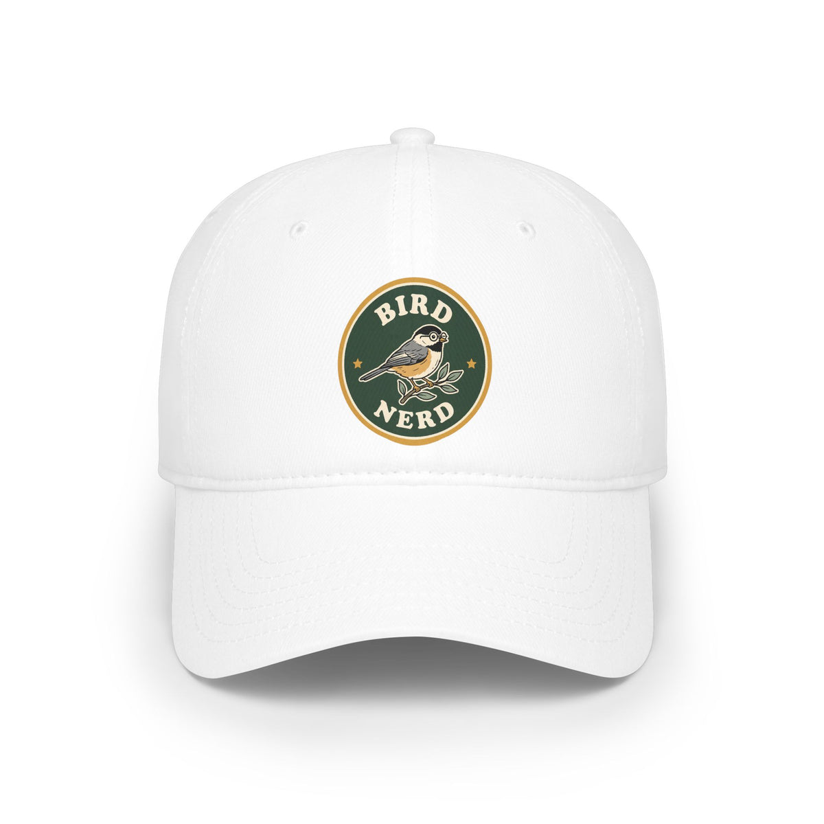 Baseball cap with vintage 'Bird Nerd' chickadee patch