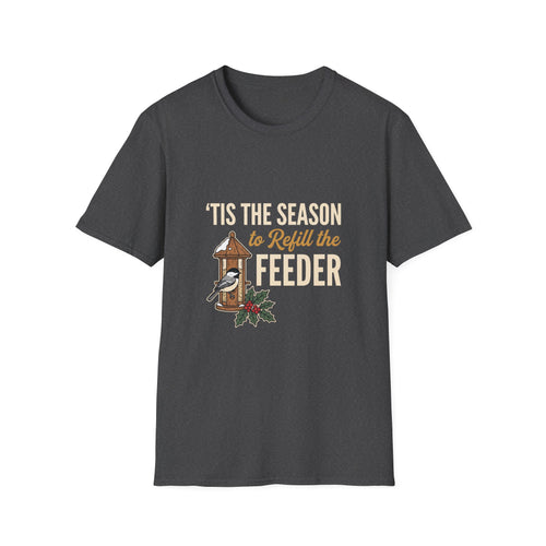 Christmas t-shirt with ''Tis the Season to Refill the Feeder' chickadee and bird feeder design