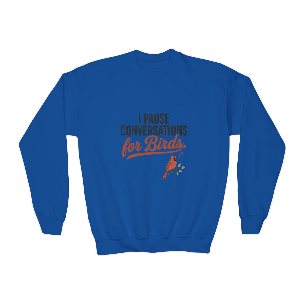 Kids sweatshirt with 'I Pause Conversations for Birds' singing cardinal design