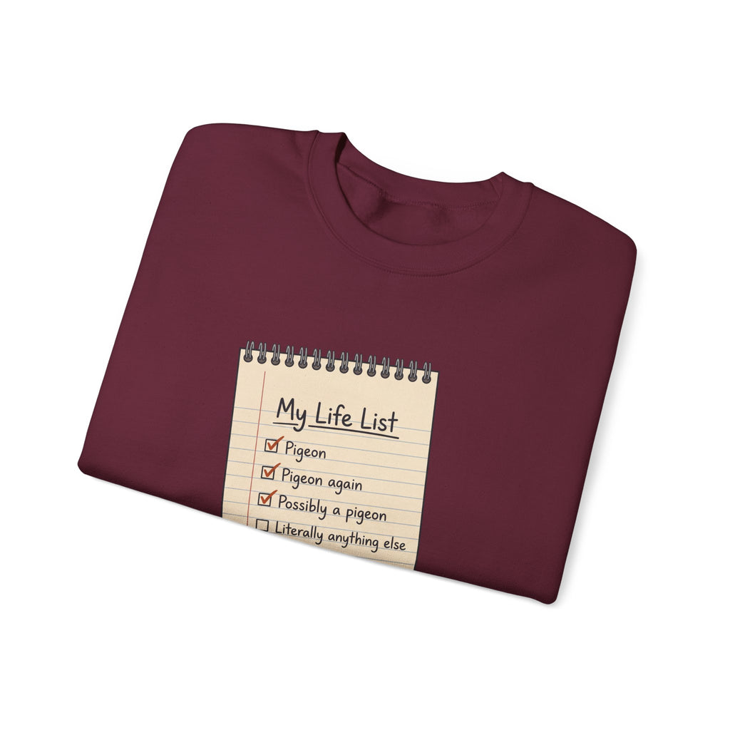 Crewneck Sweatshirt — "My Life List" Notepad Design with Pigeon Checklist