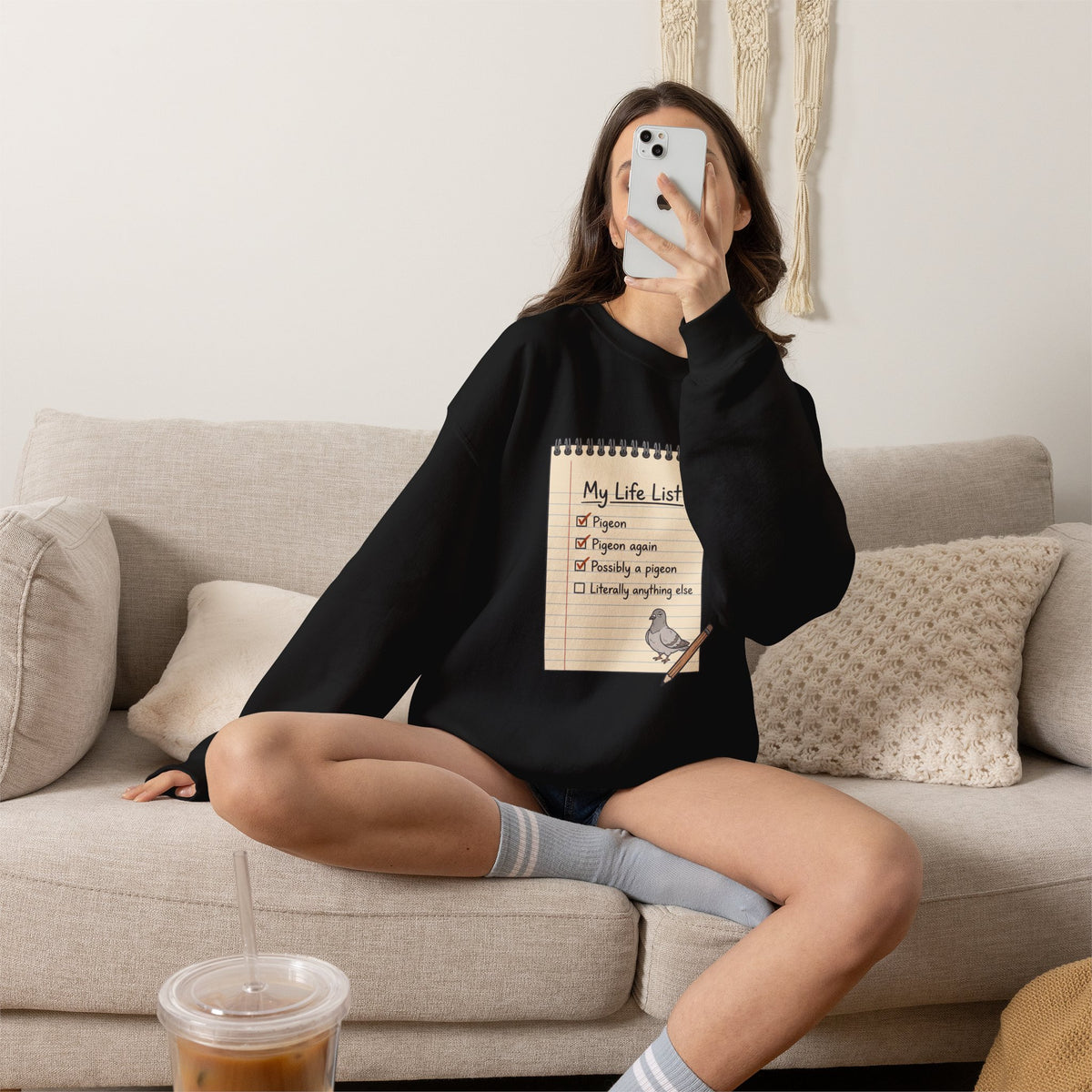 Crewneck Sweatshirt — "My Life List" Notepad Design with Pigeon Checklist