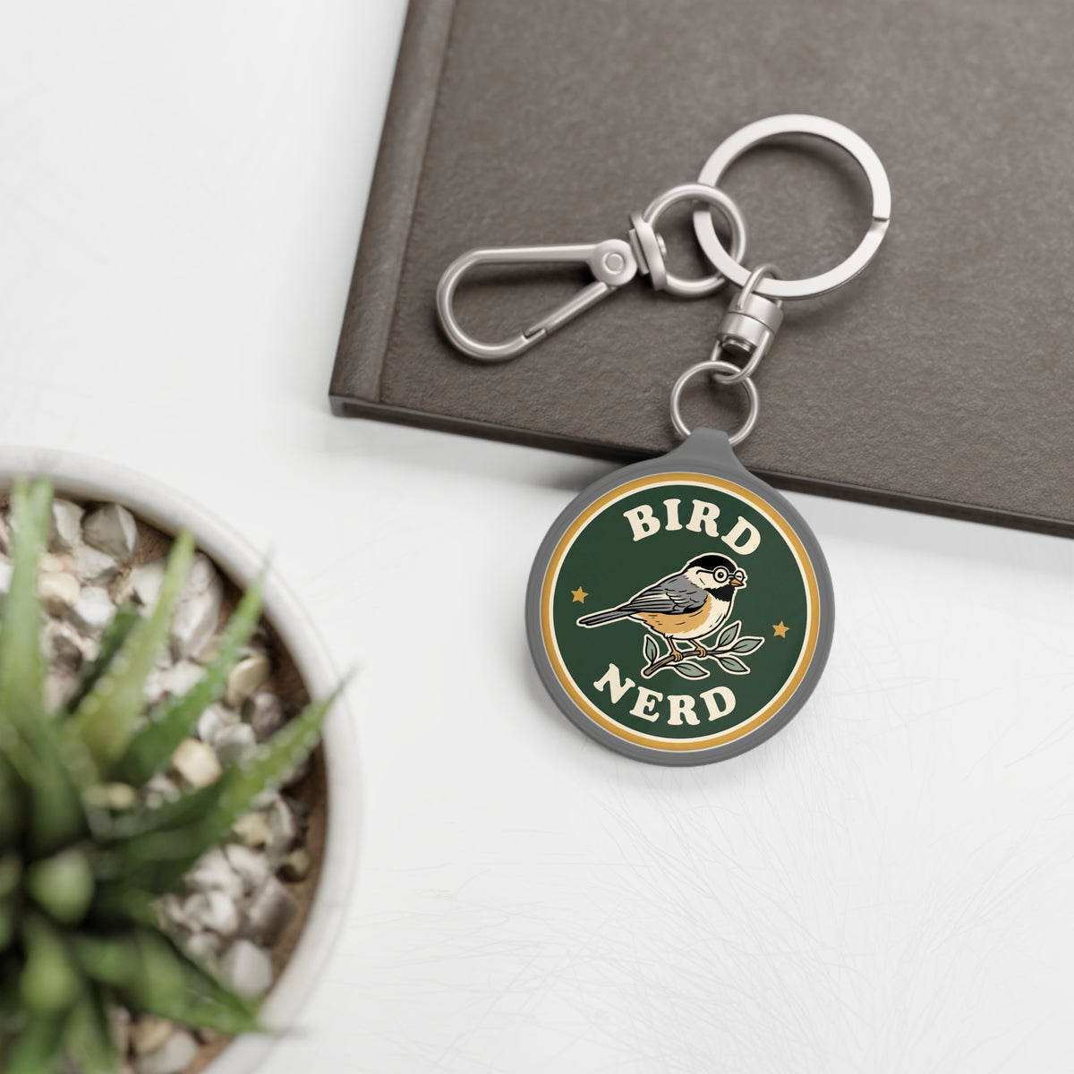 'Bird Nerd' keychain tag with vintage chickadee badge