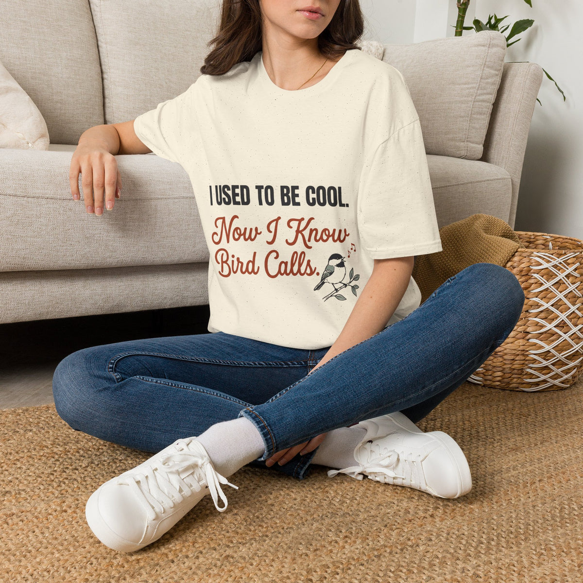 White t-shirt with funny 'I Used to Be Cool. Now I Know Bird Calls.' birding design and chickadee
