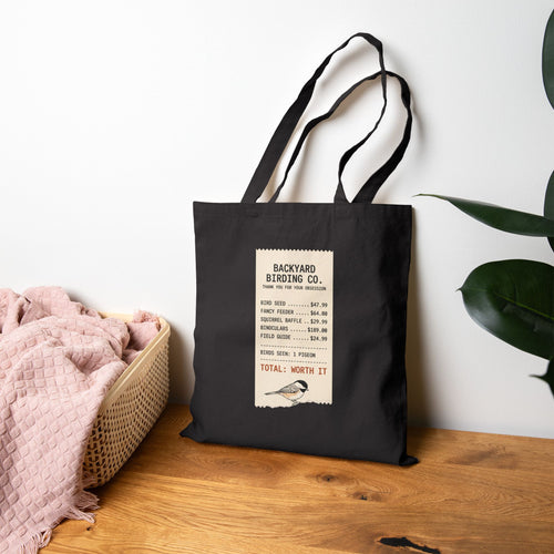 Black canvas tote bag with funny Backyard Birding Co. receipt design, 'Total: Worth it'