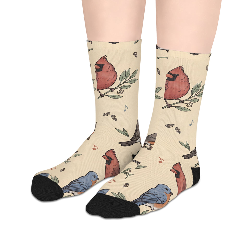 Crew socks with vintage songbird pattern of chickadees, cardinals, bluebirds and robins